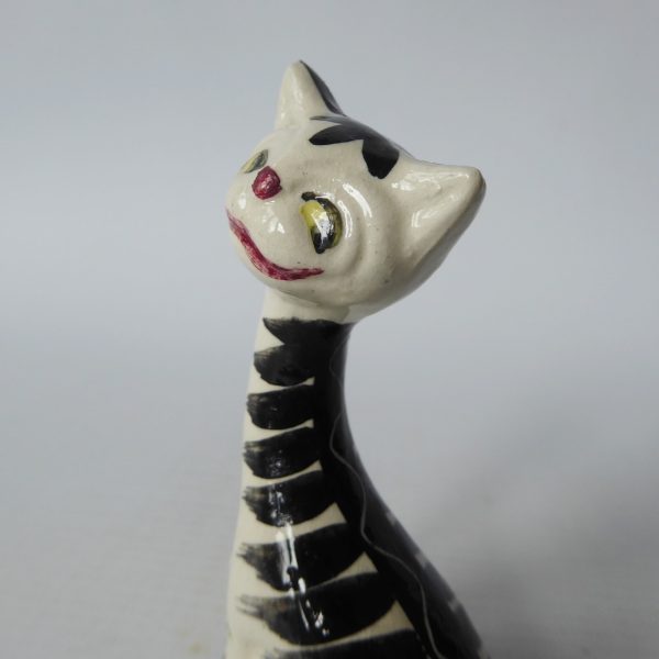 Mid century 1963 cheshire cat, vintage pottery ceramic striped figurine statue - Image 6
