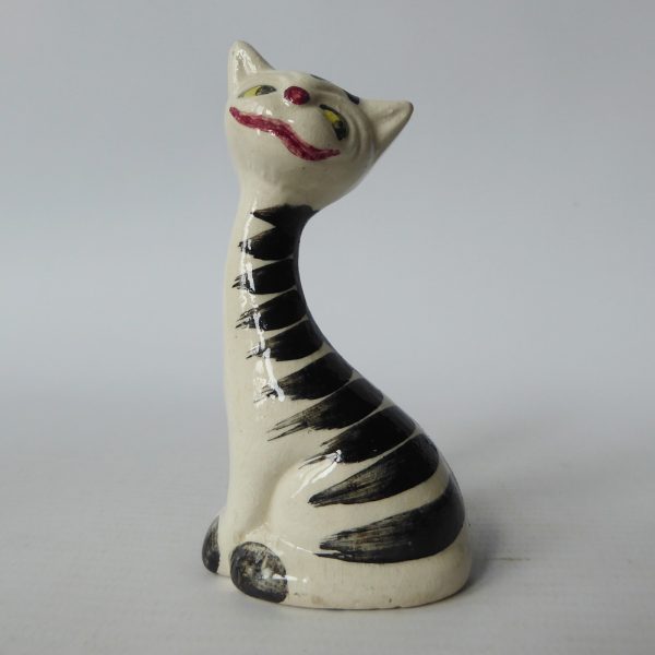 Mid century 1963 cheshire cat, vintage pottery ceramic striped figurine statue