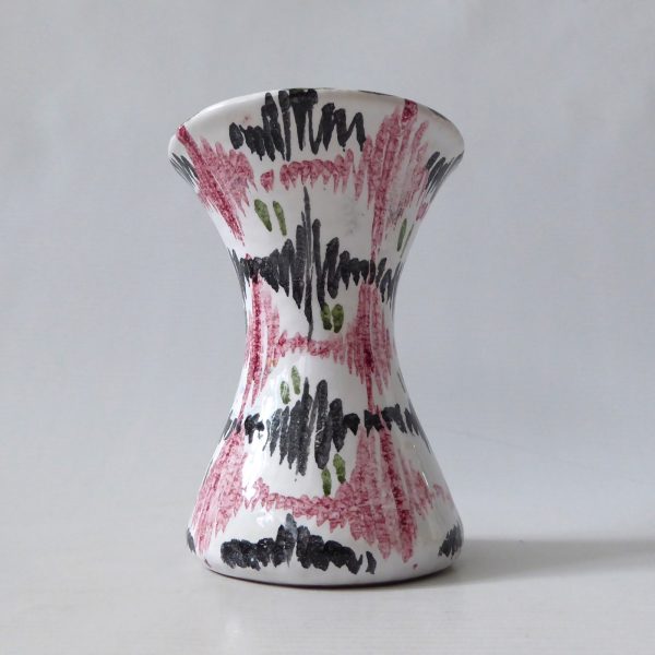 Mid century Italian, vintage Italy pottery vase. Black pink stripe ceramic 1960s