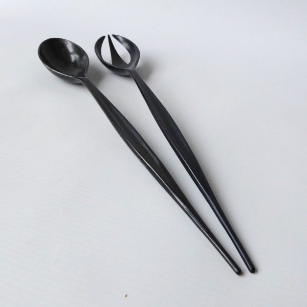 Mid century black plastic long slim salad servers. Serving spoon fork retro 70s - Image 3