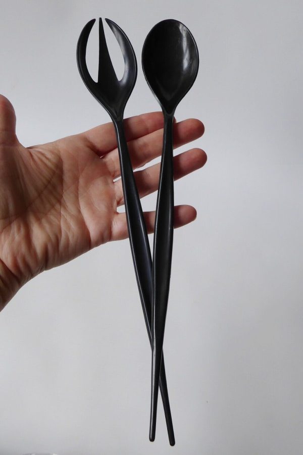 Mid century black plastic long slim salad servers. Serving spoon fork retro 70s - Image 4