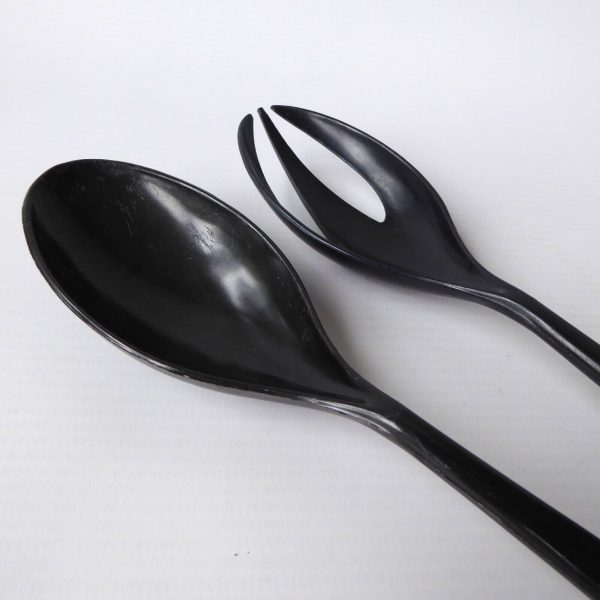 Mid century black plastic long slim salad servers. Serving spoon fork retro 70s - Image 6