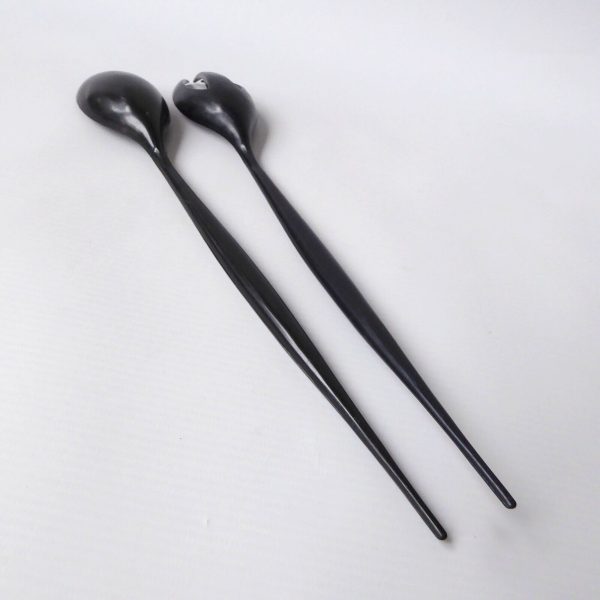 Mid century black plastic long slim salad servers. Serving spoon fork retro 70s - Image 8