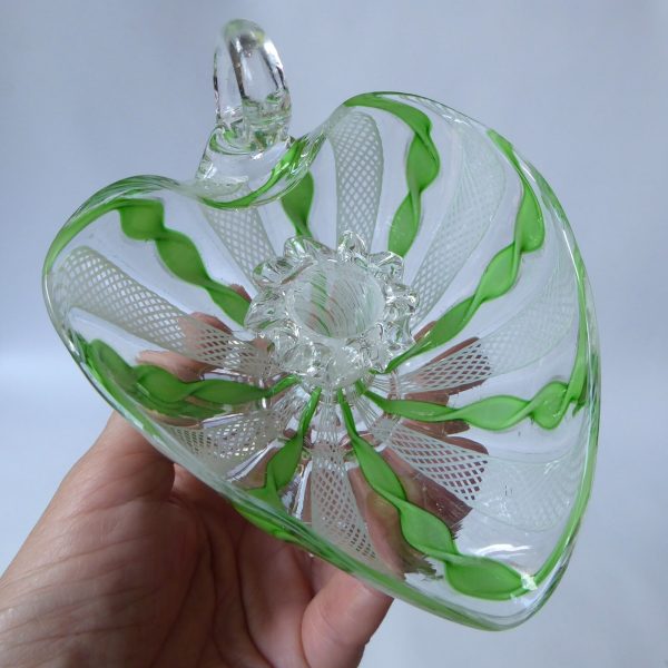 Murano Zanfirico art glass dinner candle holder, filigree, green ribbons. AVEM? - Image 3