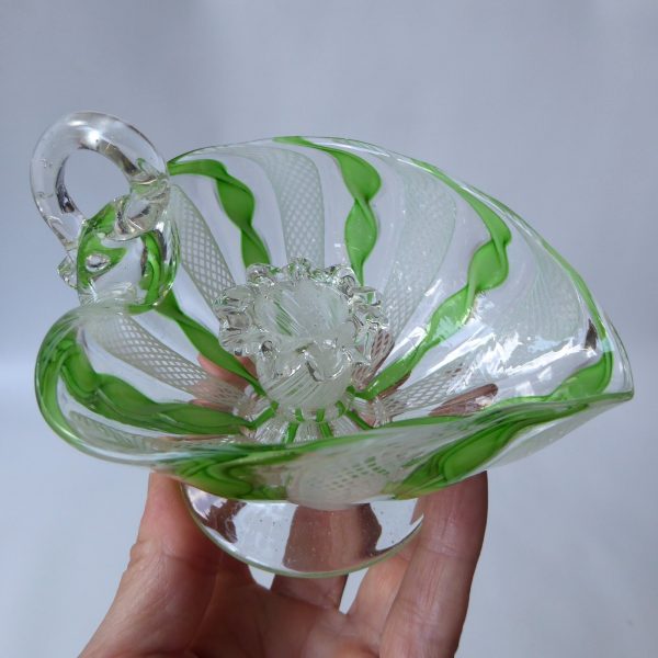 Murano Zanfirico art glass dinner candle holder, filigree, green ribbons. AVEM? - Image 4