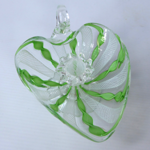 Murano Zanfirico art glass dinner candle holder, filigree, green ribbons. AVEM?