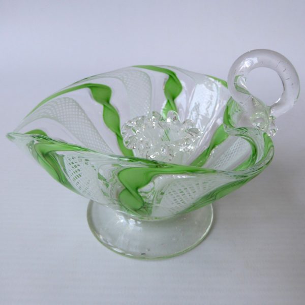 Murano Zanfirico art glass dinner candle holder, filigree, green ribbons. AVEM? - Image 5