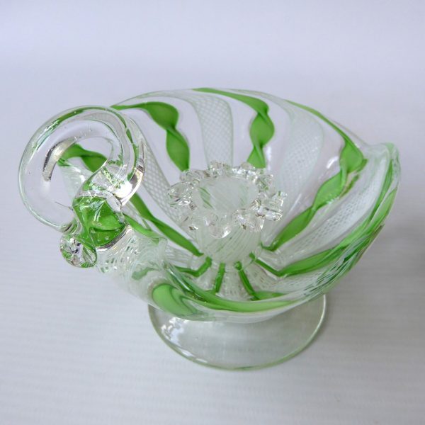 Murano Zanfirico art glass dinner candle holder, filigree, green ribbons. AVEM? - Image 10