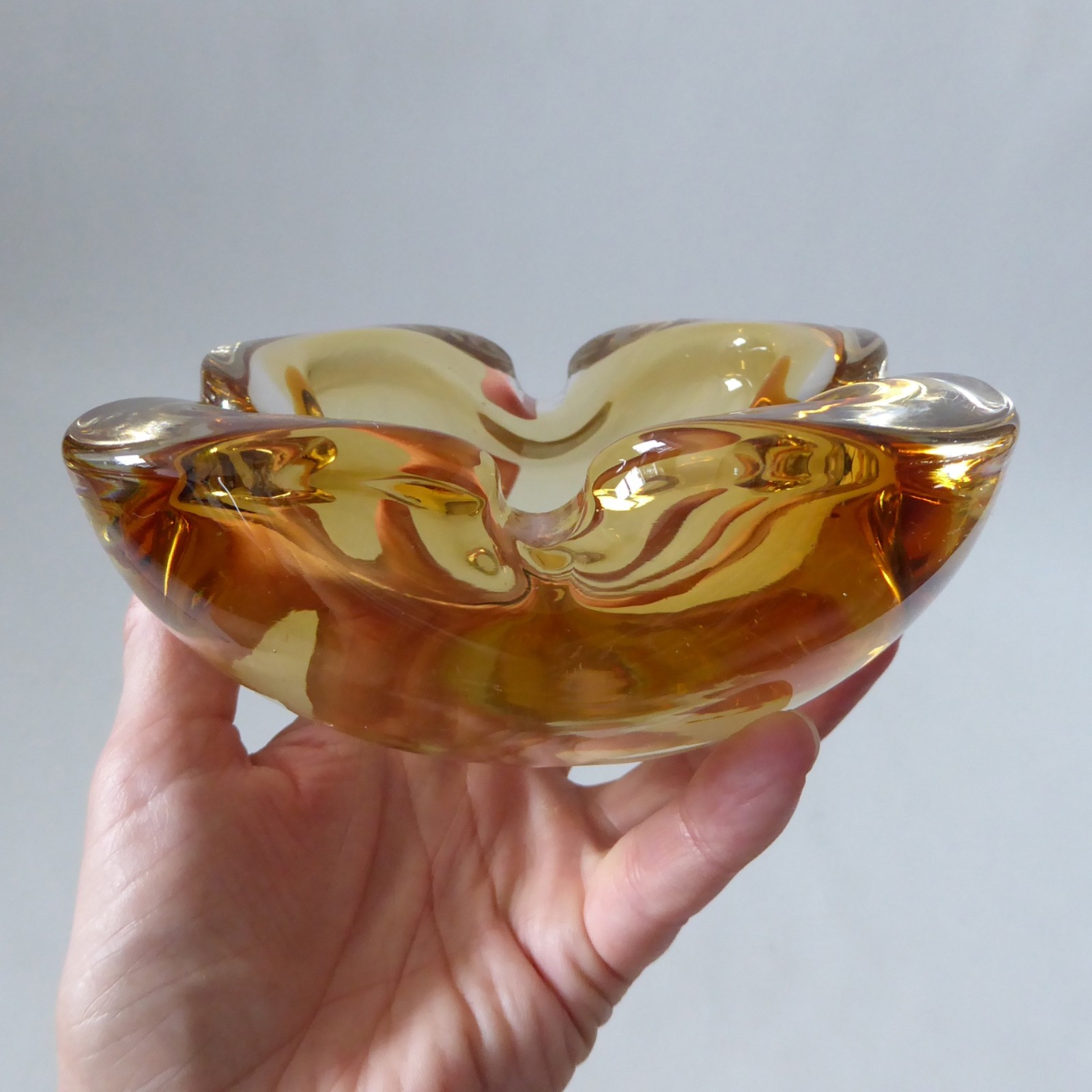 Murano vintage art glass bowl. Amber cased dish ashtray, chunky heavy. 1960s MCM - Image 9