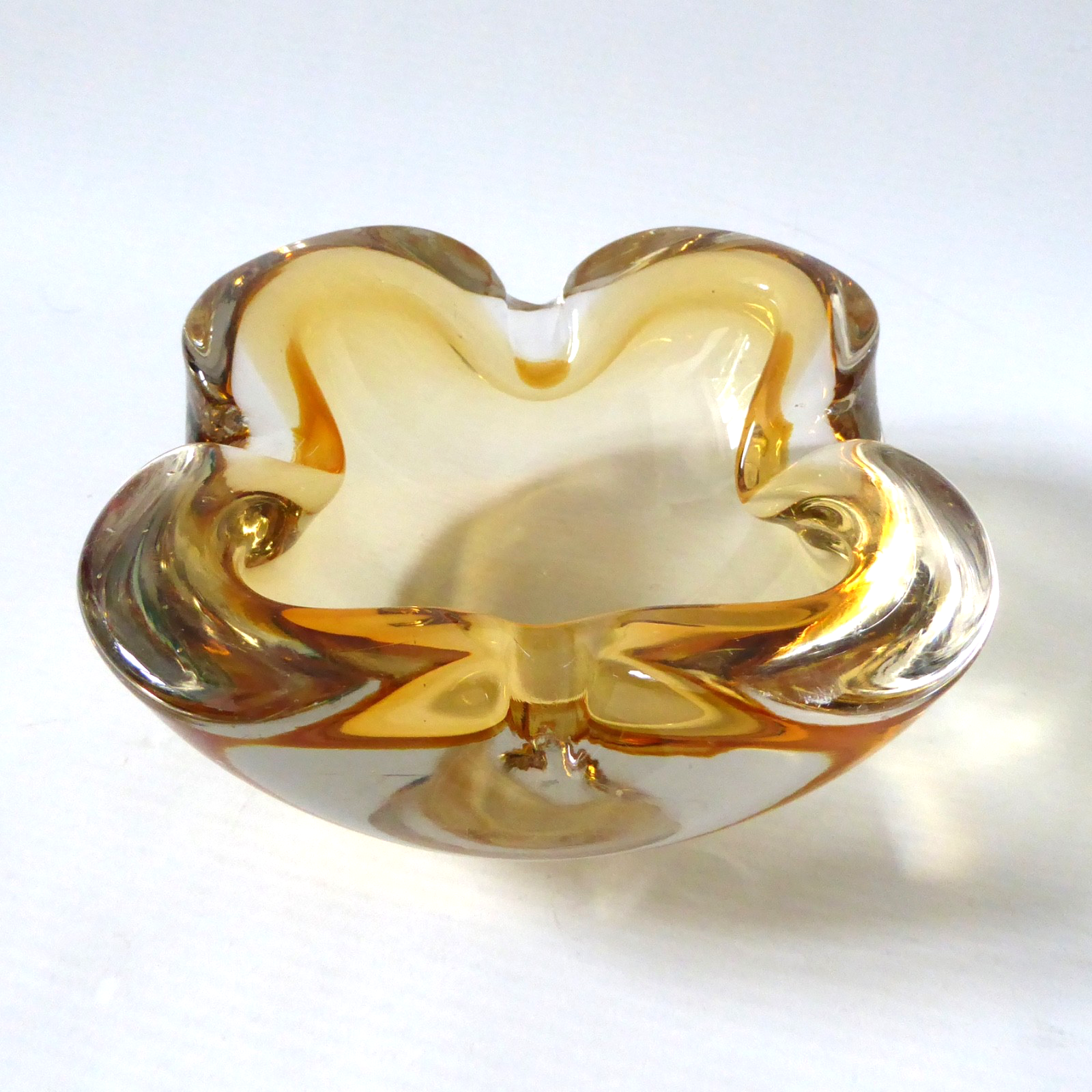 Murano vintage art glass bowl. Amber cased dish ashtray, chunky heavy. 1960s MCM