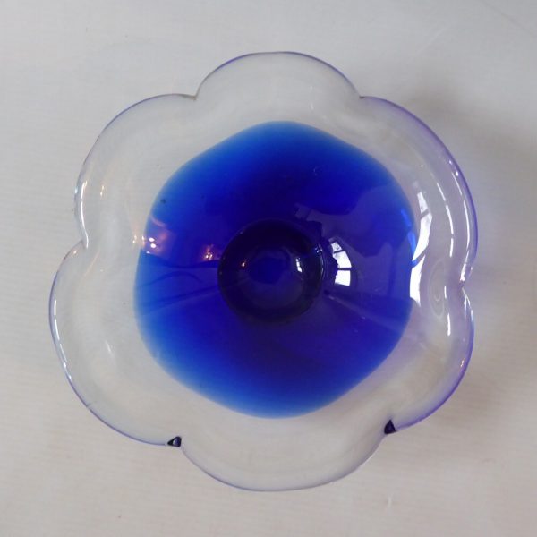 Murano/Scandinavian art glass scalloped bowl, cobalt blue shallow dish. Retro