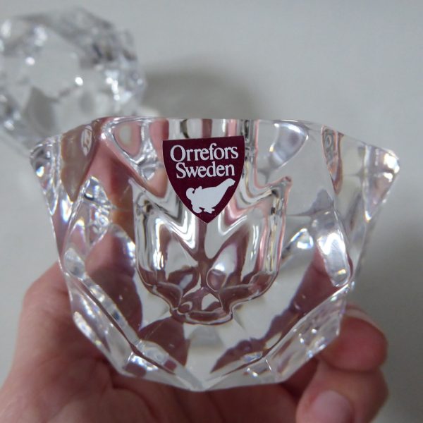 Orrefors pair crystal cut faceted art glass taper dinner candle holders, Swedish - Image 11