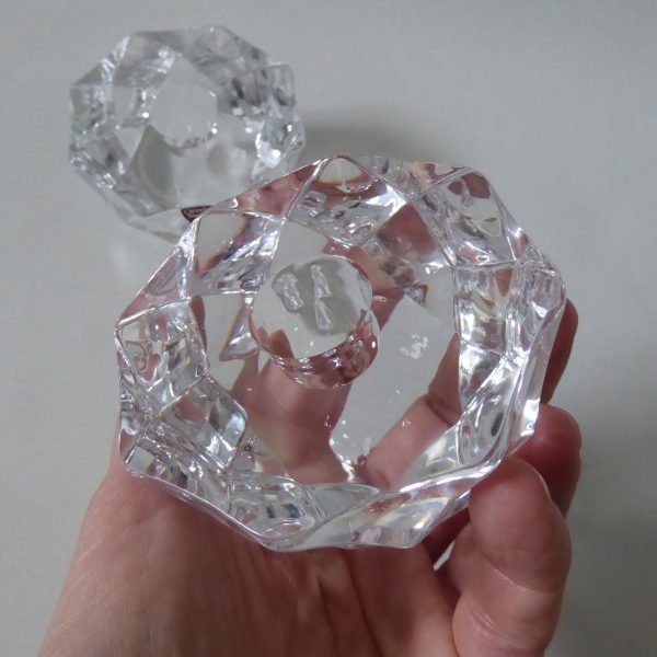 Orrefors pair crystal cut faceted art glass taper dinner candle holders, Swedish - Image 12
