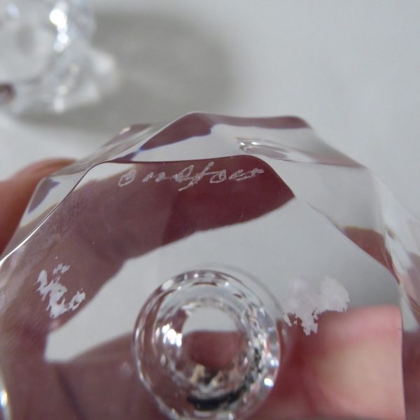 Orrefors pair crystal cut faceted art glass taper dinner candle holders, Swedish - Image 13