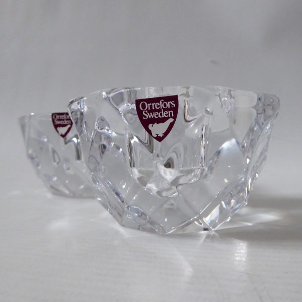 Orrefors pair crystal cut faceted art glass taper dinner candle holders, Swedish - Image 3