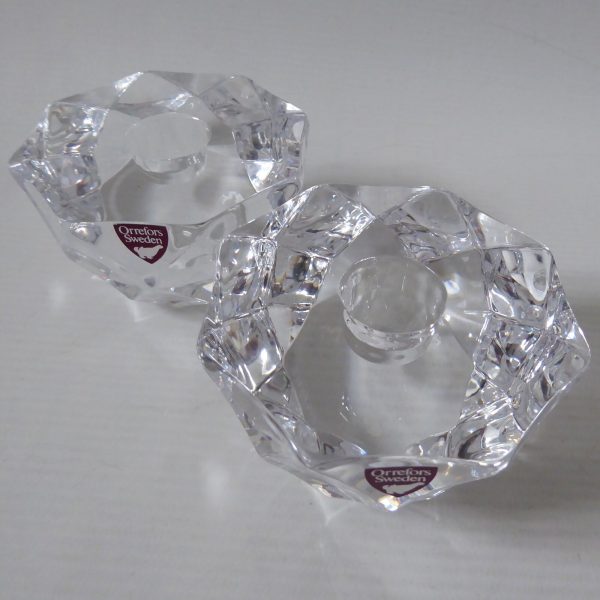 Orrefors pair crystal cut faceted art glass taper dinner candle holders, Swedish - Image 4