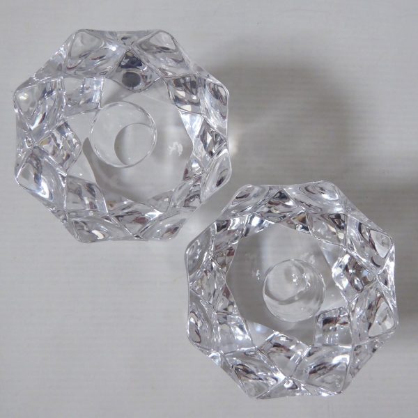 Orrefors pair crystal cut faceted art glass taper dinner candle holders, Swedish - Image 5