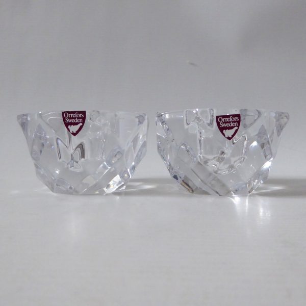 Orrefors pair crystal cut faceted art glass taper dinner candle holders, Swedish - Image 6