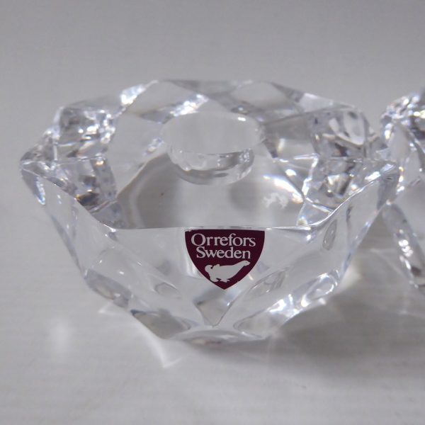Orrefors pair crystal cut faceted art glass taper dinner candle holders, Swedish - Image 7