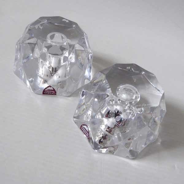 Orrefors pair crystal cut faceted art glass taper dinner candle holders, Swedish - Image 8