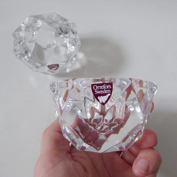 Orrefors pair crystal cut faceted art glass taper dinner candle holders, Swedish - Image 10