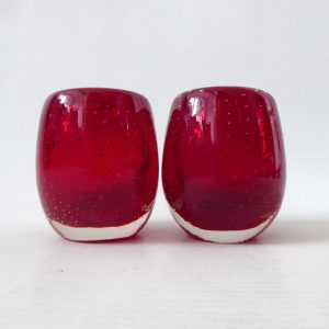 Pair Whitefriars 9506 Ruby Red vintage art glass Ovoid controlled bubble vases