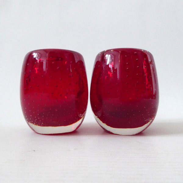 Pair Whitefriars 9506 Ruby Red vintage art glass Ovoid controlled bubble vases