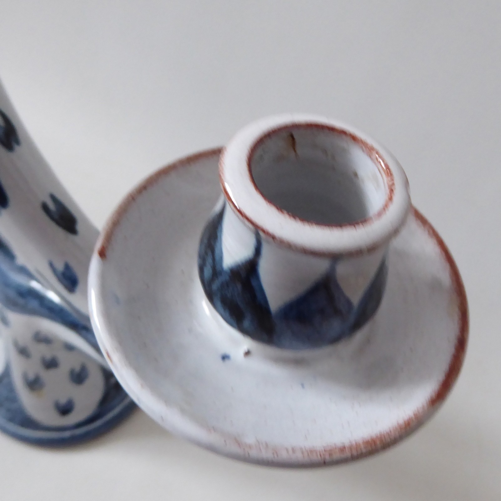 Pat Birks 1987 vintage pottery candlestick three arm candelabra blue white 1980s - Image 10