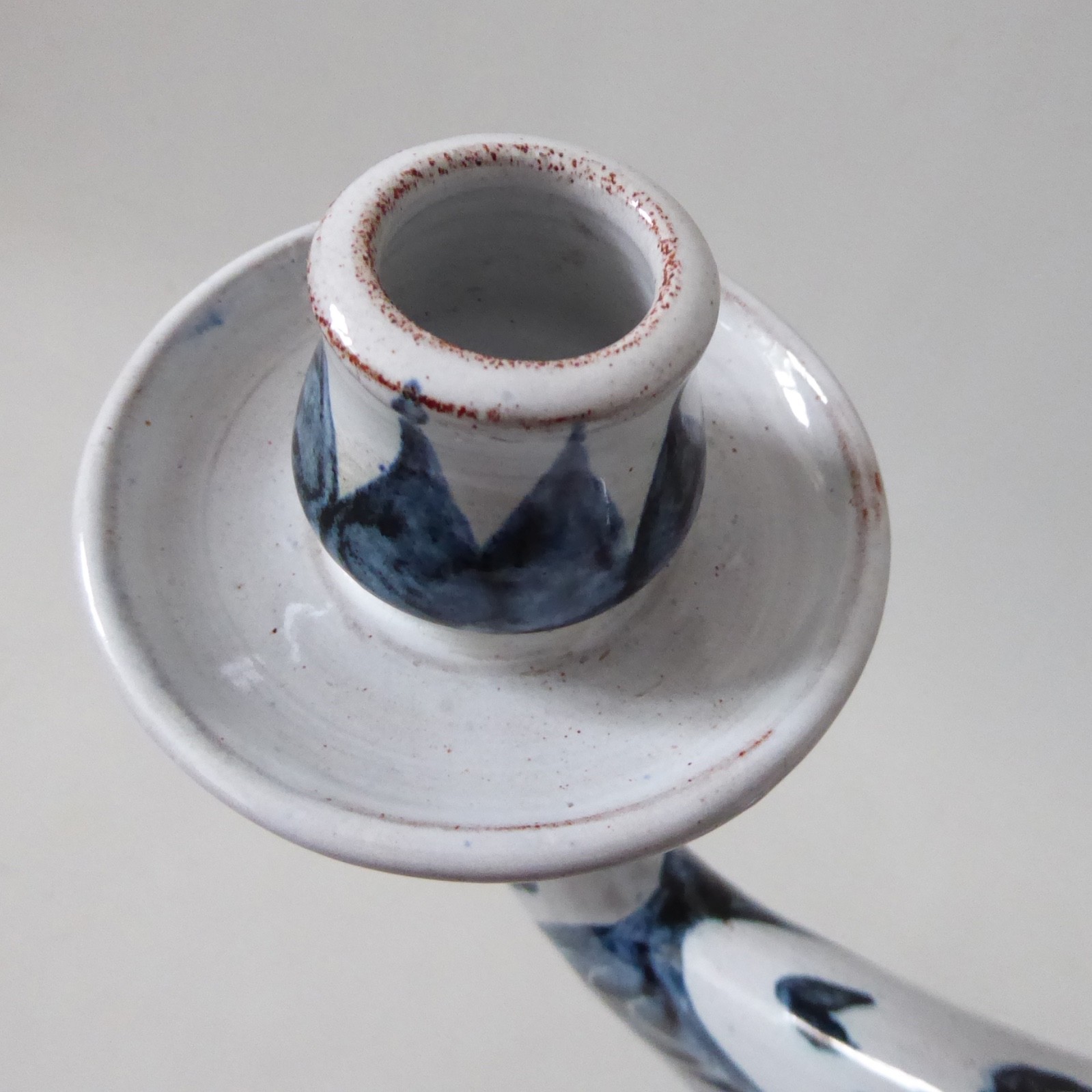 Pat Birks 1987 vintage pottery candlestick three arm candelabra blue white 1980s - Image 12