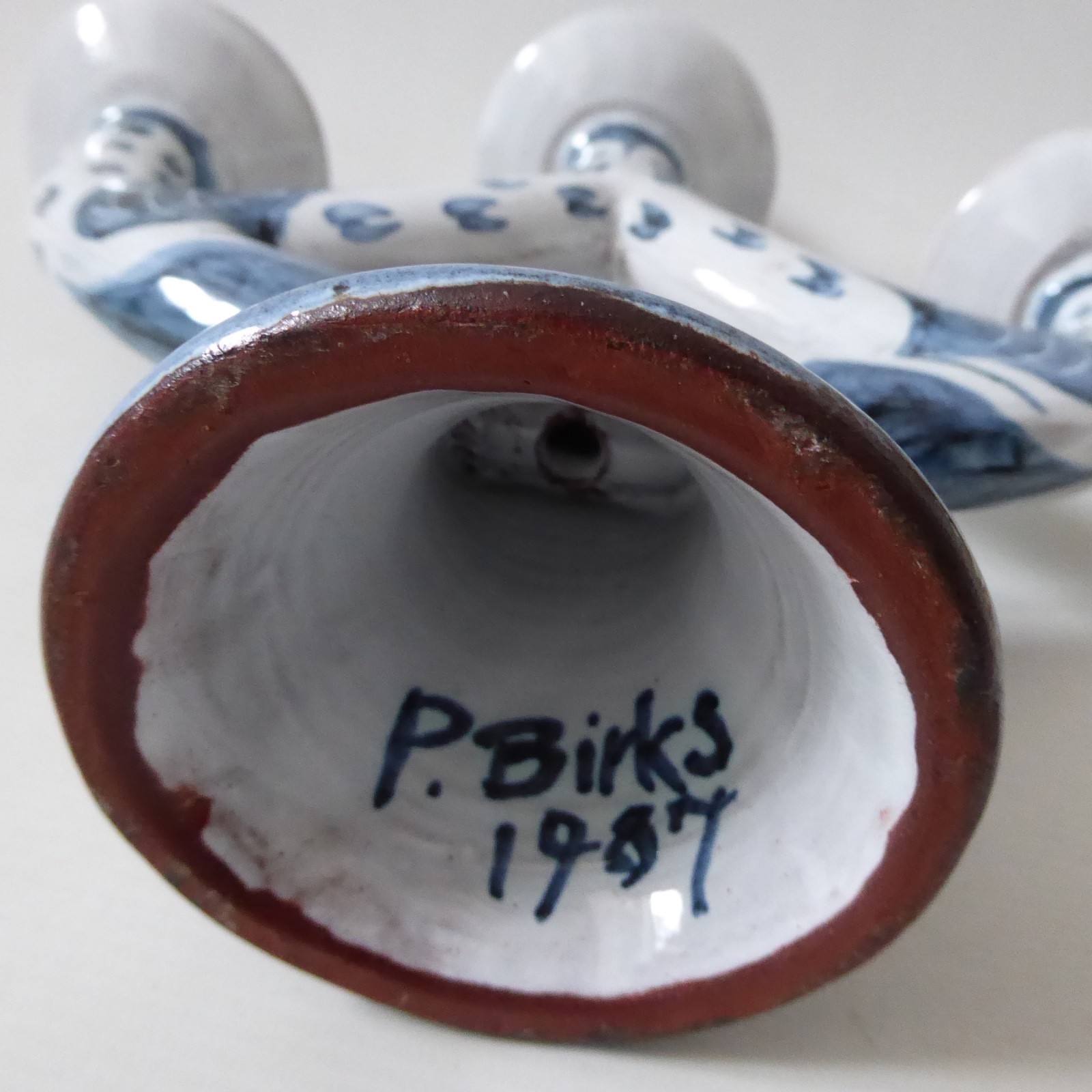 Pat Birks 1987 vintage pottery candlestick three arm candelabra blue white 1980s - Image 14