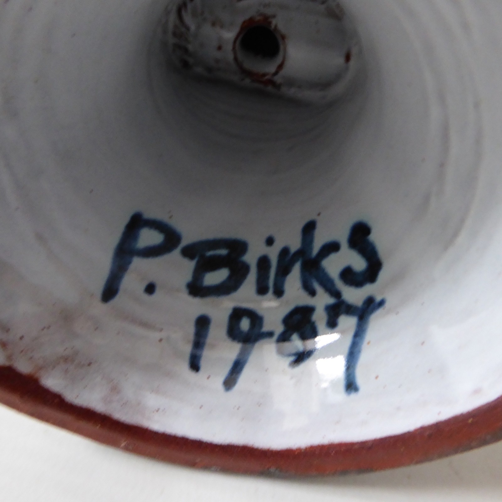 Pat Birks 1987 vintage pottery candlestick three arm candelabra blue white 1980s - Image 15