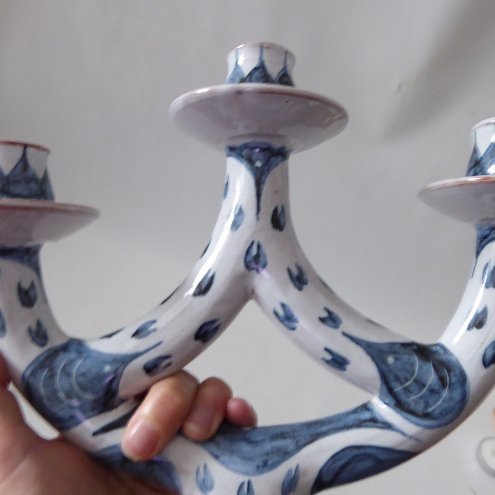 Pat Birks 1987 vintage pottery candlestick three arm candelabra blue white 1980s - Image 16