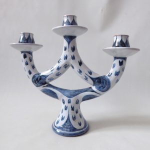 Pat Birks 1987 vintage pottery candlestick three arm candelabra blue white 1980s