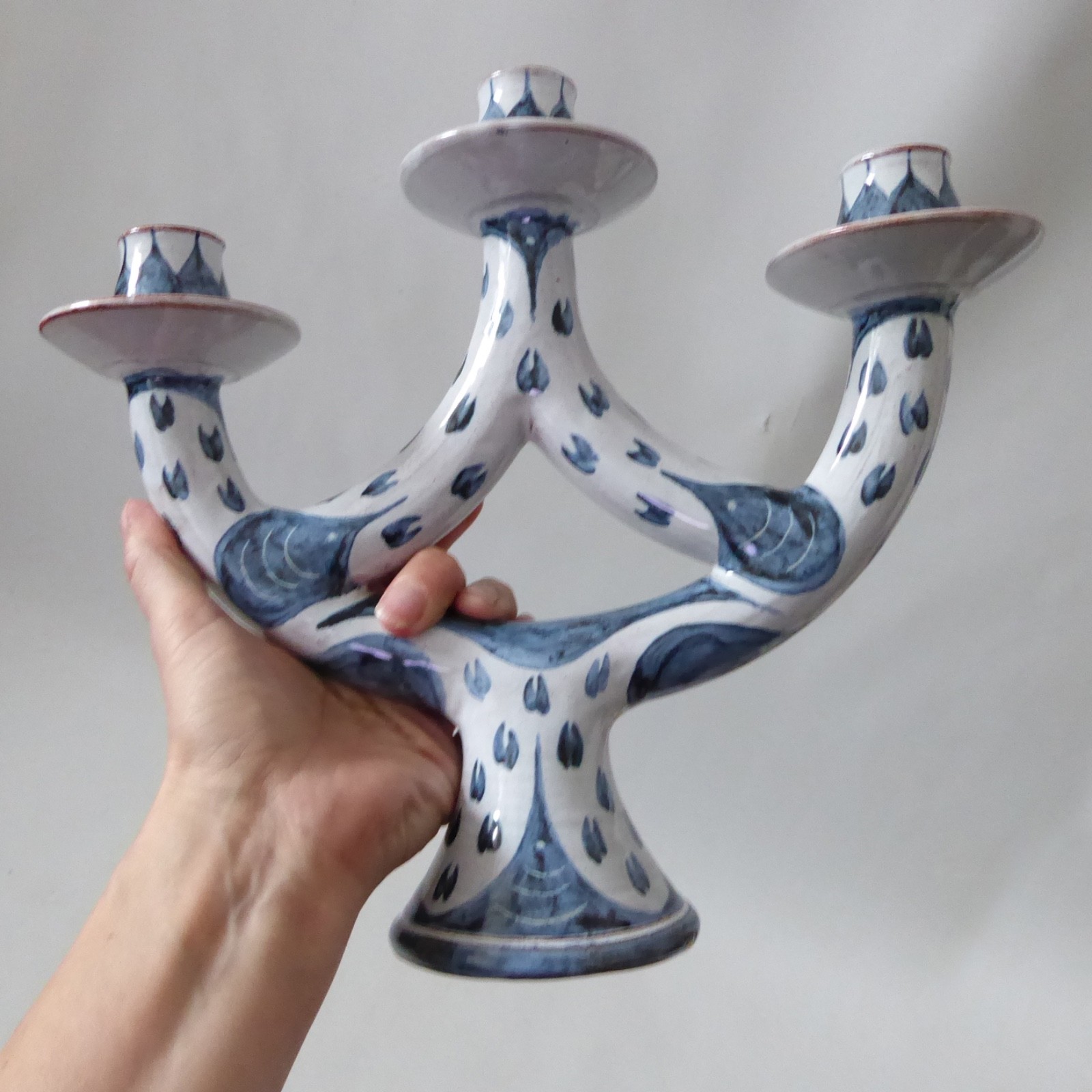 Pat Birks 1987 vintage pottery candlestick three arm candelabra blue white 1980s - Image 5