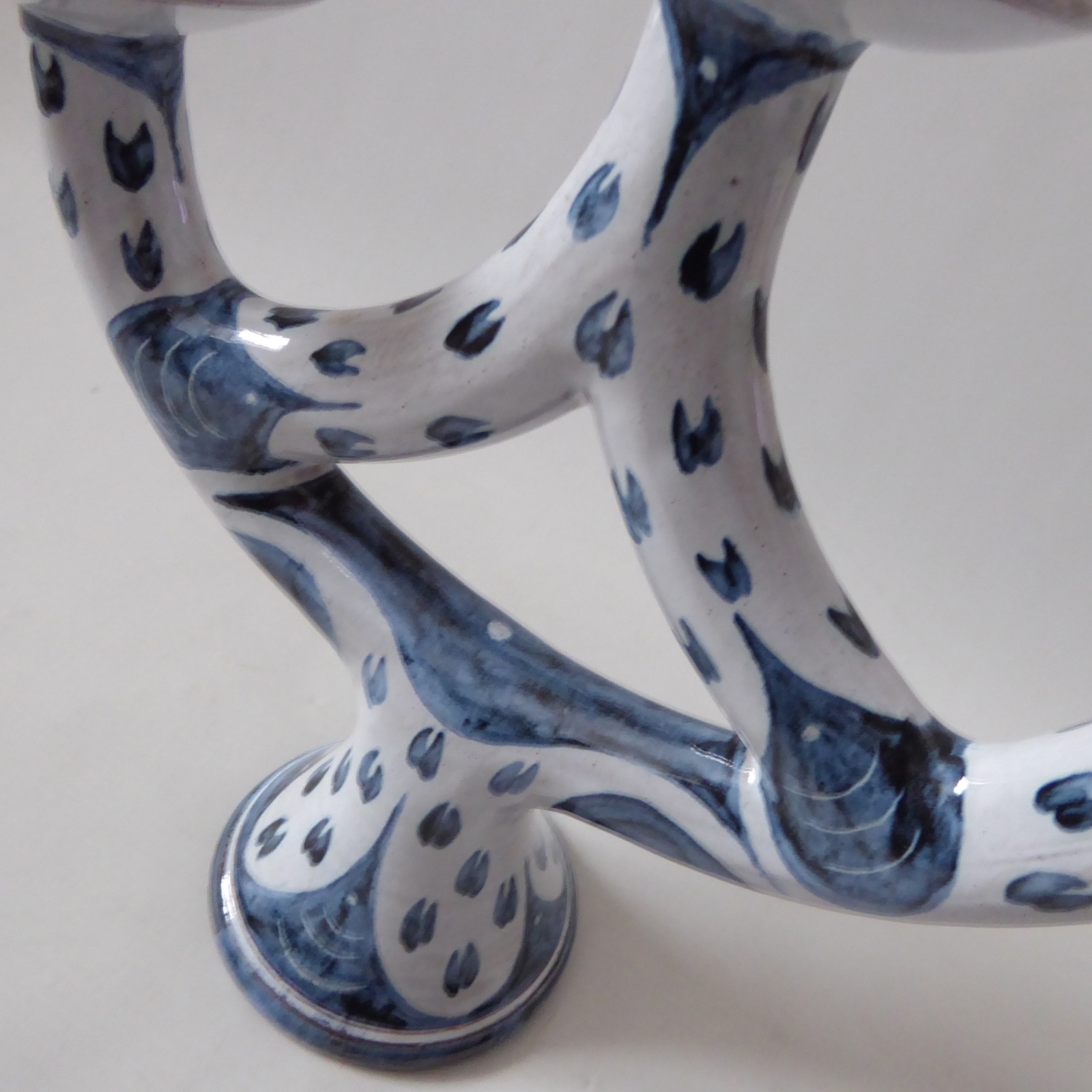 Pat Birks 1987 vintage pottery candlestick three arm candelabra blue white 1980s - Image 6