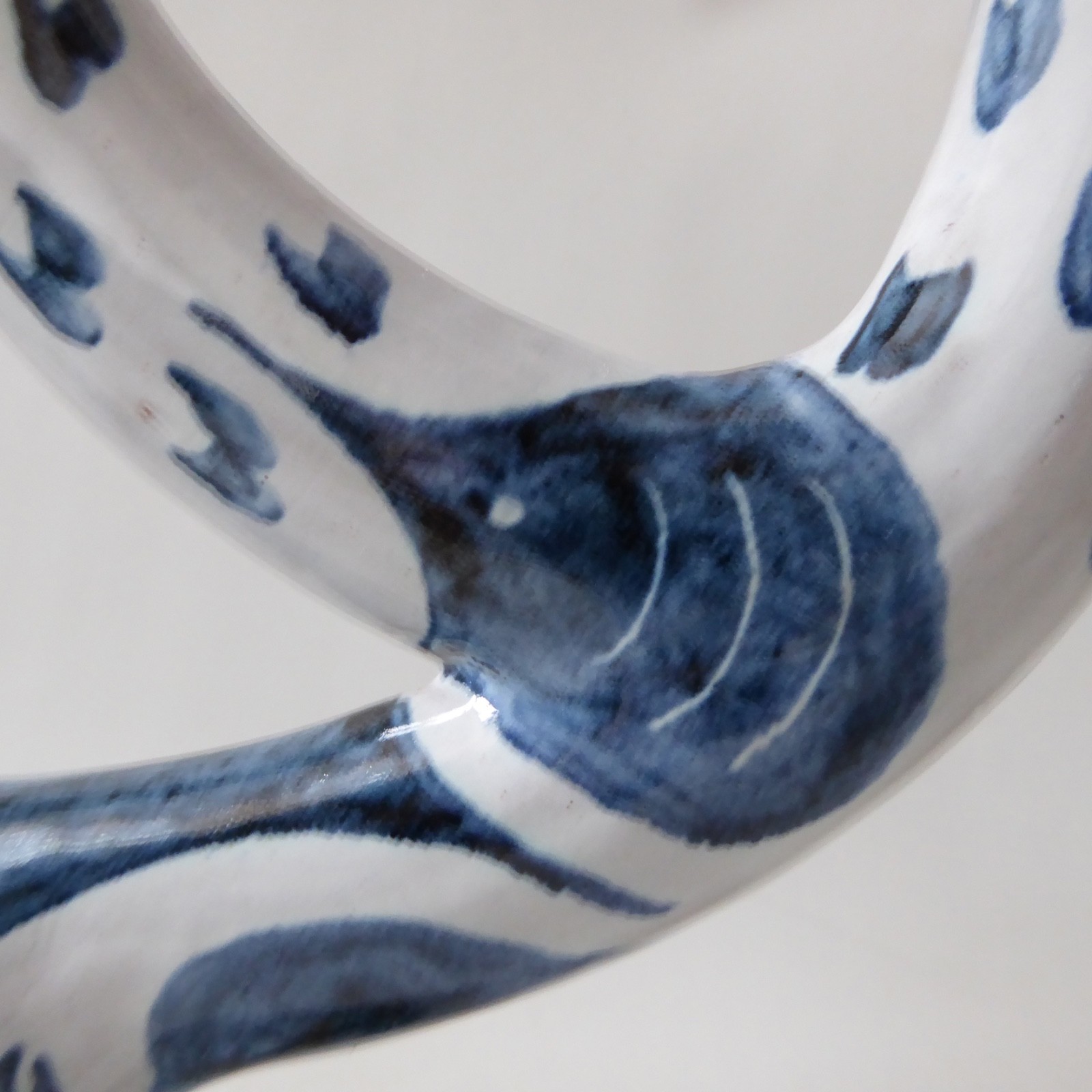 Pat Birks 1987 vintage pottery candlestick three arm candelabra blue white 1980s - Image 9