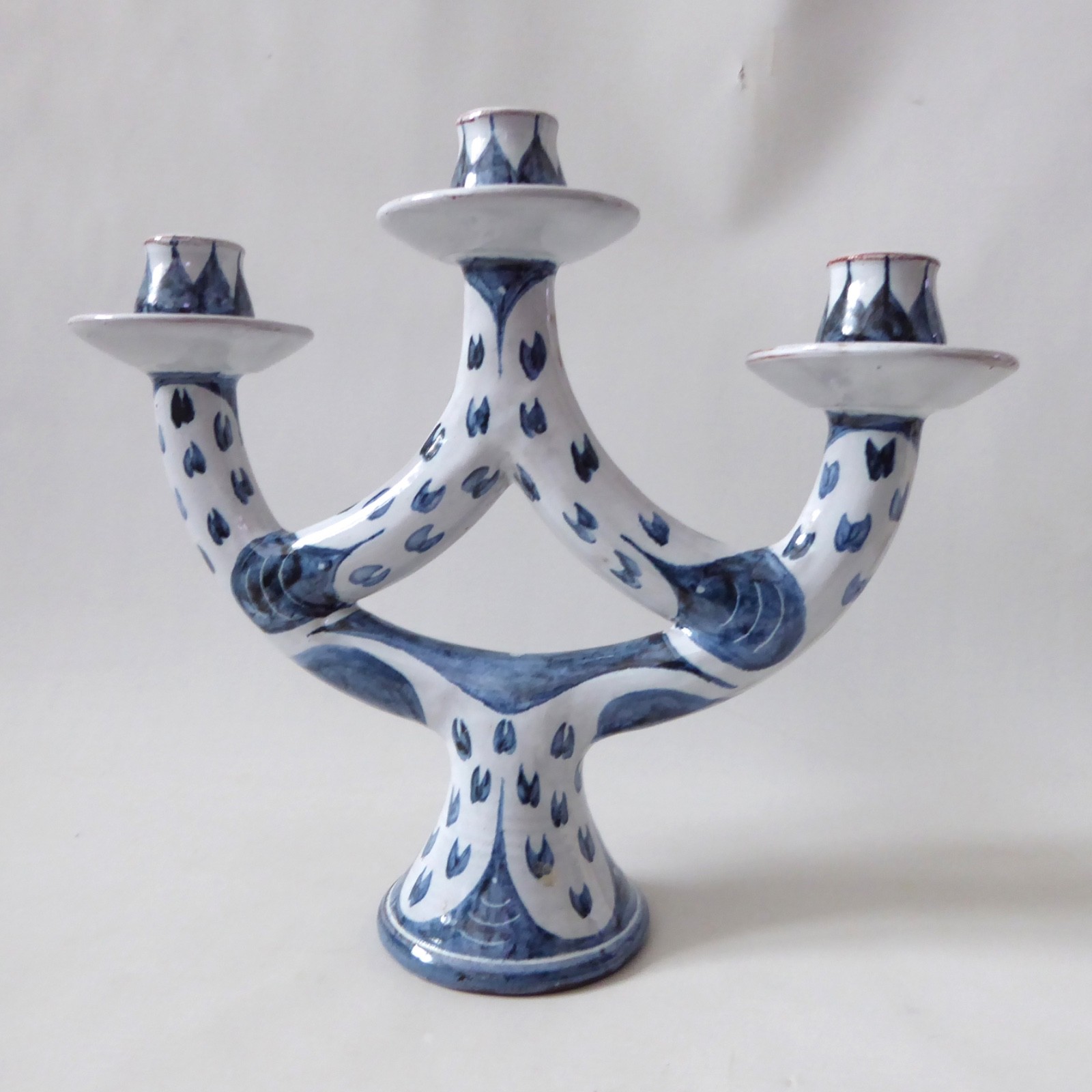 Pat Birks 1987 vintage pottery candlestick three arm candelabra blue white 1980s