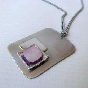 Peak stainless steel & abalone vintage rectangular pendant necklace. Modernist