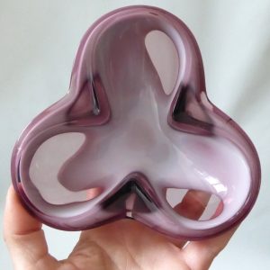 Sasaki Japan art glass tri dish bowl ashtray,  mauve purple vintage retro 1970s