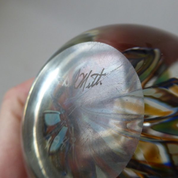 Signed 1987 Nick Delmatto USA art glass paperweight, teal blue clear bubble. 80s - Image 11
