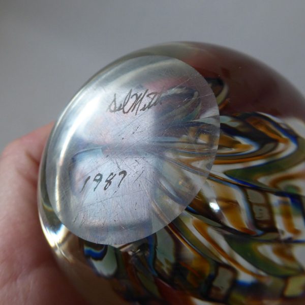Signed 1987 Nick Delmatto USA art glass paperweight, teal blue clear bubble. 80s - Image 12