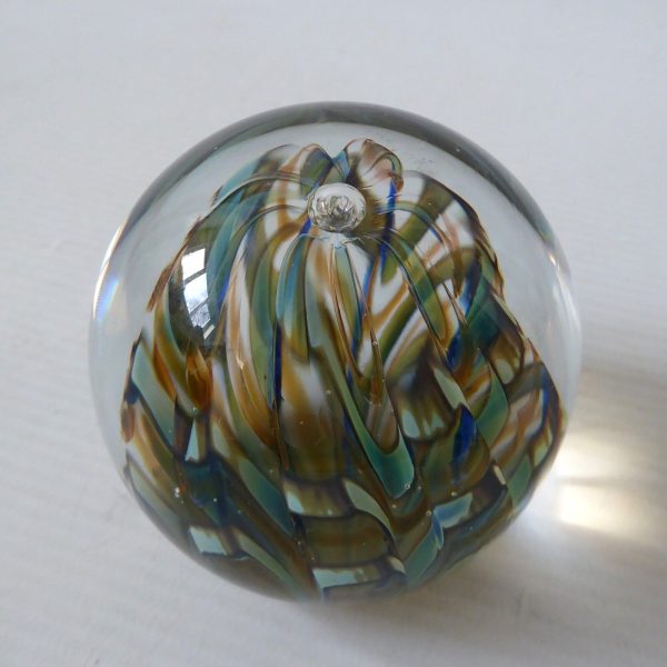 Signed 1987 Nick Delmatto USA art glass paperweight, teal blue clear bubble. 80s - Image 6