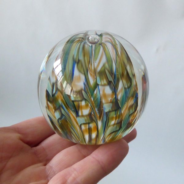 Signed 1987 Nick Delmatto USA art glass paperweight, teal blue clear bubble. 80s