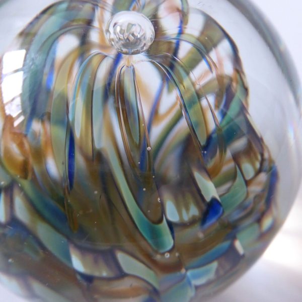 Signed 1987 Nick Delmatto USA art glass paperweight, teal blue clear bubble. 80s - Image 8