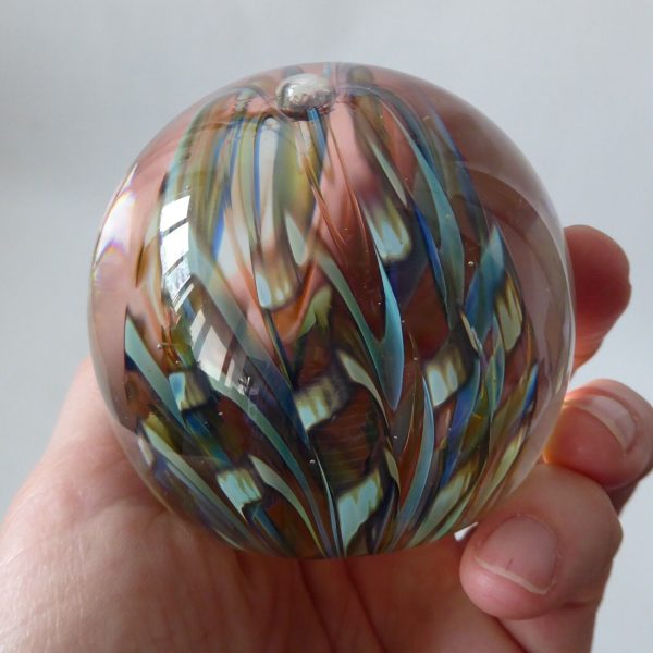 Signed 1987 Nick Delmatto USA art glass paperweight, teal blue clear bubble. 80s - Image 9