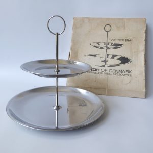 Stelton of Denmark mid century modern stainless steel two tier tray, cake stand