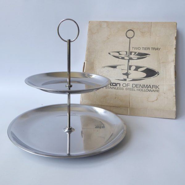 Stelton of Denmark mid century modern stainless steel two tier tray, cake stand