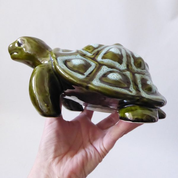 Trentham Pottery ceramic tortoise money box vintage 327, large khaki green 70s - Image 11