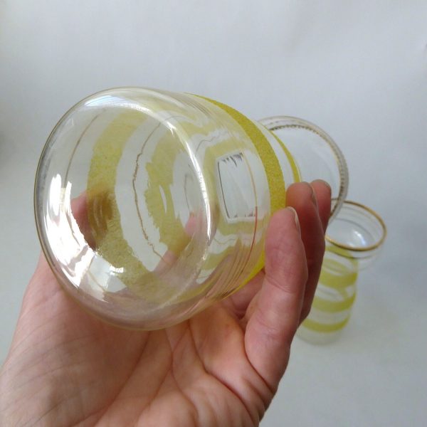 Vintage 1950s pair yellow sugar frosted glass hyacinth bulb vases, gold bands - Image 11