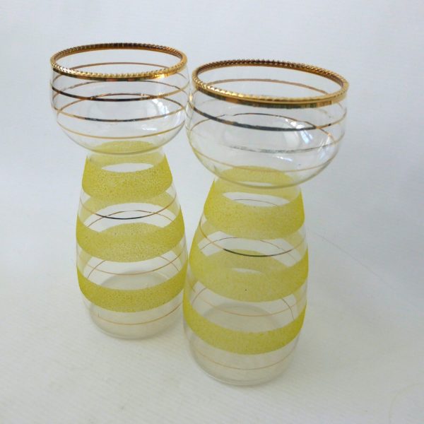 Vintage 1950s pair yellow sugar frosted glass hyacinth bulb vases, gold bands - Image 3